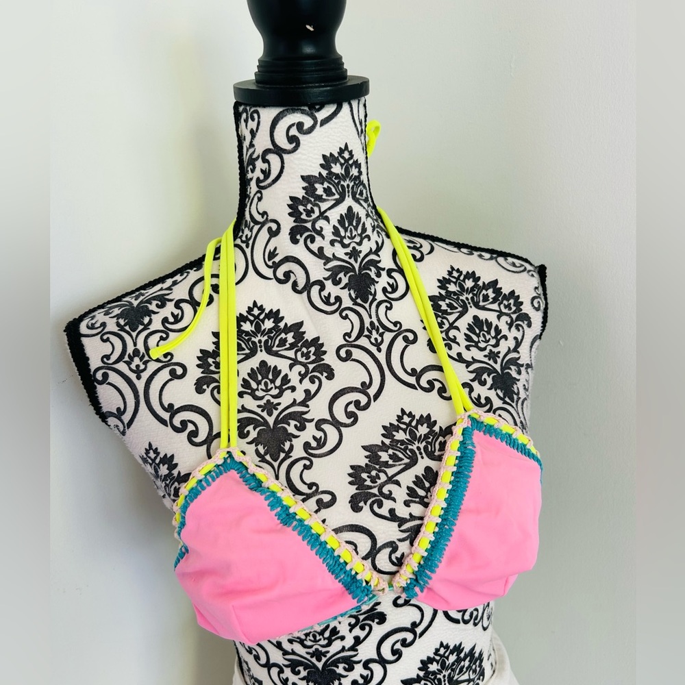 Topshop Women’s Pink Colorful Crochet Trim Triangle Bikini Top Size 6